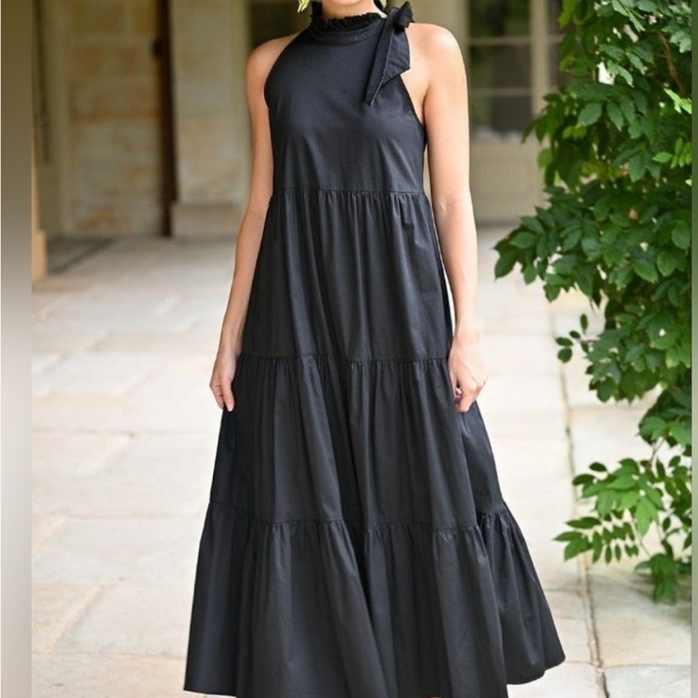 Black Sleeveless Tiered Maxi Dress with Neck Tie
